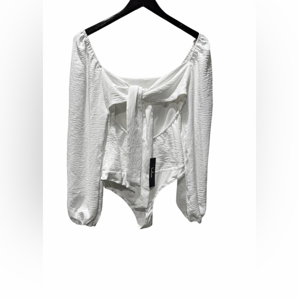 Lulus Abundance of Love White Textured Long Sleeve Tie-Back Bodysuit Small NEW - Picture 4 of 4